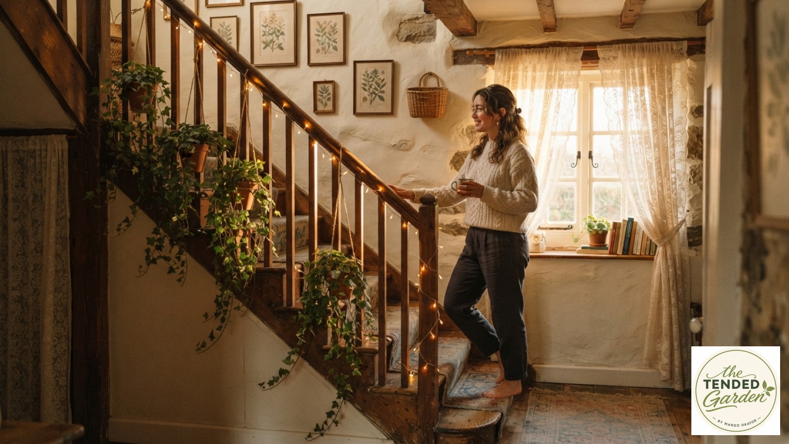 Cozy cottage staircase with a twine stair railing plant hanger holding terracotta pots of trailing ivy